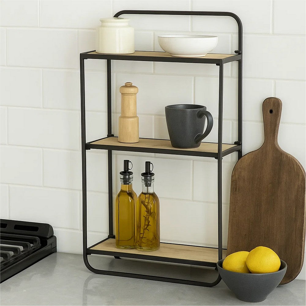 32 Inch Shelving Unit, Black Curved Iron Frame, Three Fir Wood Shelves By Casagear Home