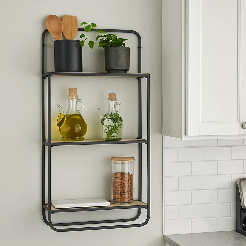 32 Inch Shelving Unit, Black Curved Iron Frame, Three Fir Wood Shelves By Casagear Home