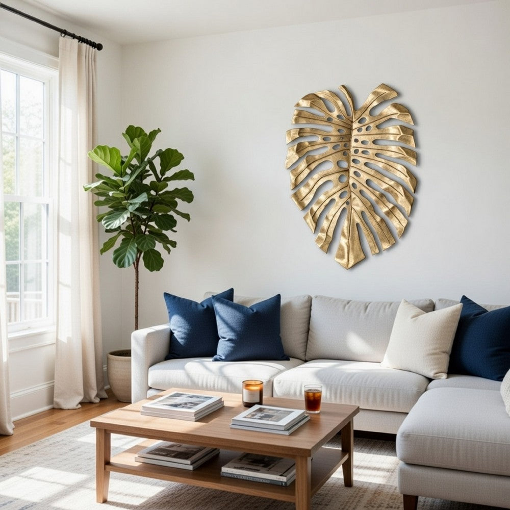 Linzo 19 Inch Aluminum Wall Hanging Bowl, Monstera Leaf, Bright Gold Finish By Casagear Home