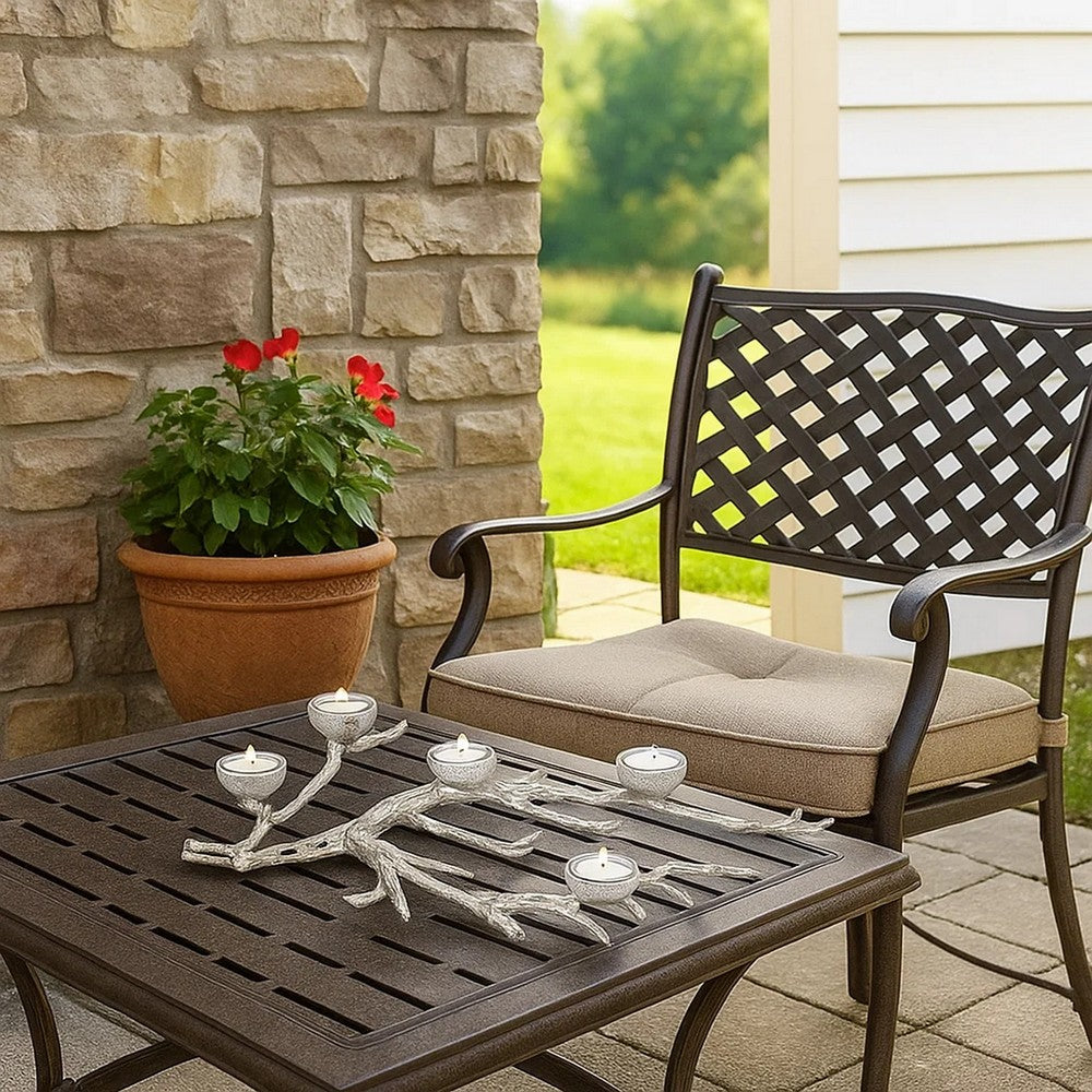 23 Inch Metal Tea Light Holder, Tree Branch Design, 4 Candle Slots, Silver By Casagear Home