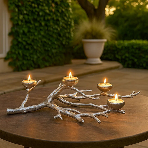 23 Inch Metal Tea Light Holder, Tree Branch Design, 4 Candle Slots, Silver By Casagear Home