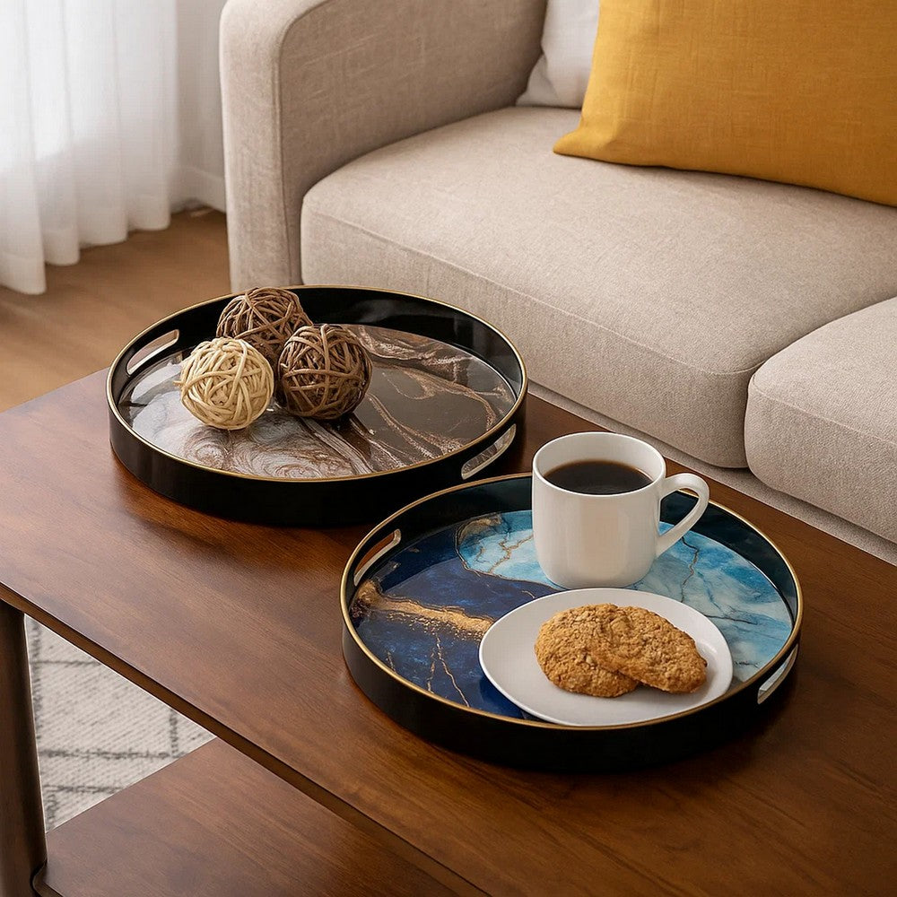 Set of 2 Round Decorative Trays, Tall Rims, Faux Marble, Blue, Gold By Casagear Home