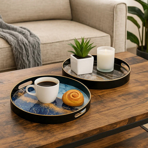Set of 2 Round Decorative Trays, Tall Rims, Faux Marble, Blue, Gold By Casagear Home