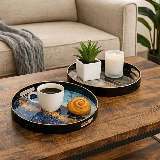 Set of 2 Round Decorative Trays, Tall Rims, Faux Marble, Blue, Gold By Casagear Home