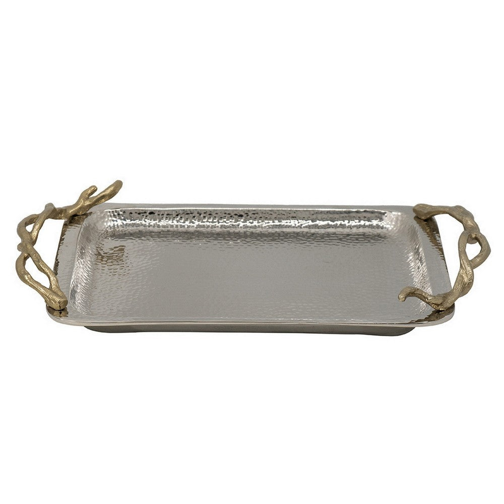 16 Inch Rectangular Decorative Tray Branch Design Handles Silver Gold By Casagear Home BM302615