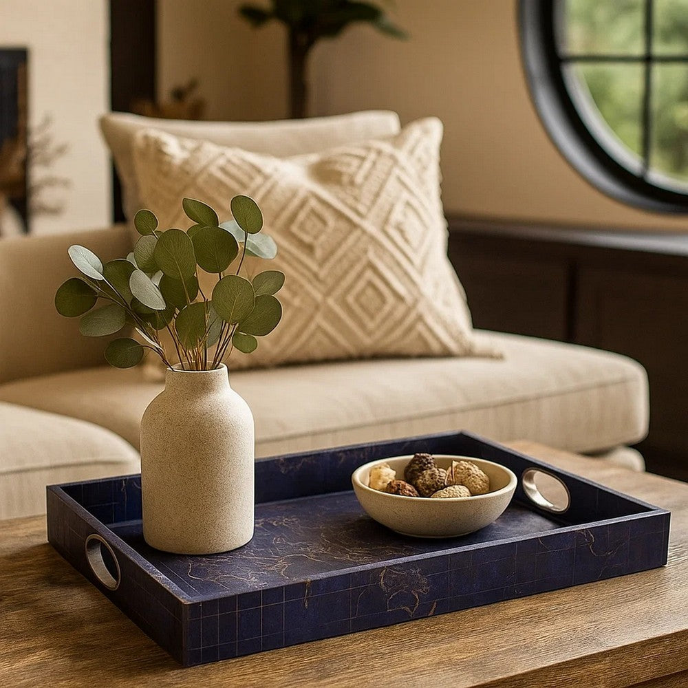 25 Inch Set of 2 Rectangular Decorative Trays, Gold Map Design, Deep Blue By Casagear Home