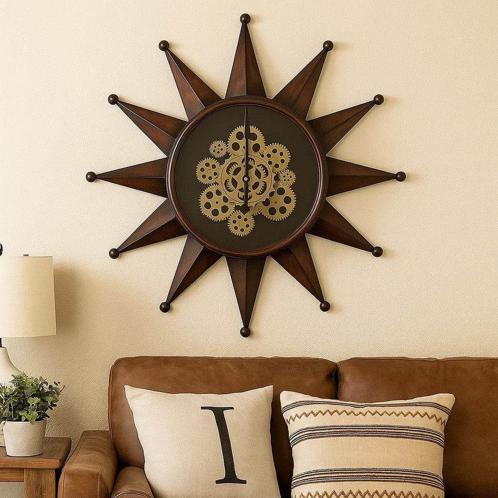 28 Inch Round Wall Clock, Sun Shaped Frame, Rich Brown, Bold Jet Black By Casagear Home