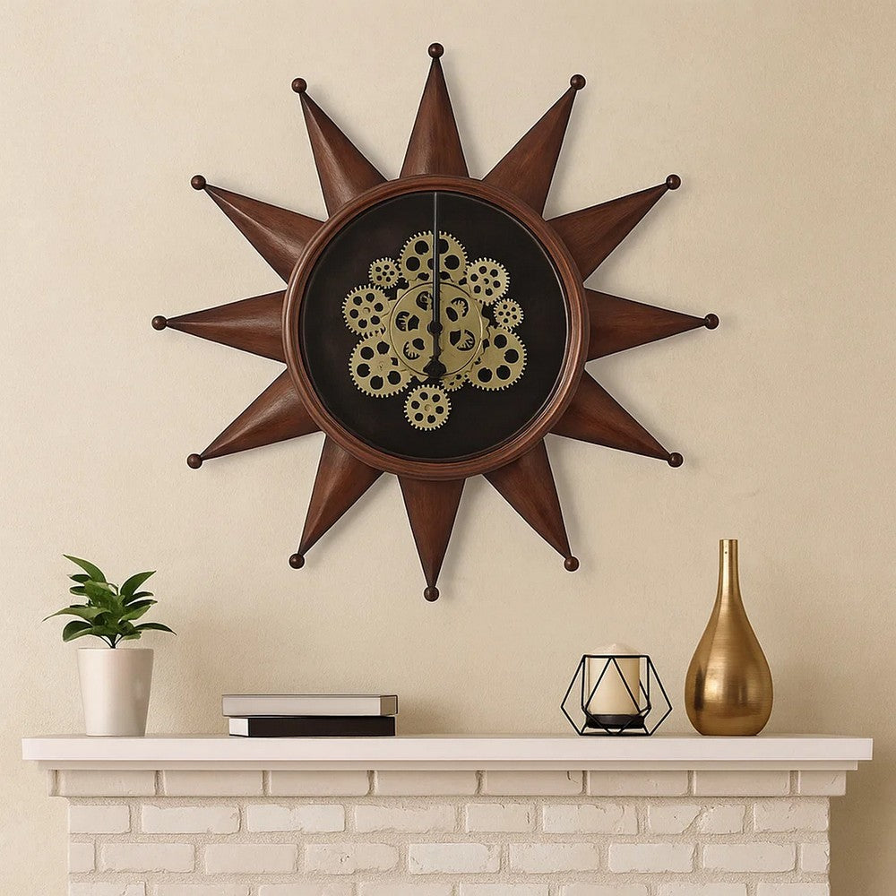 28 Inch Round Wall Clock, Sun Shaped Frame, Rich Brown, Bold Jet Black By Casagear Home