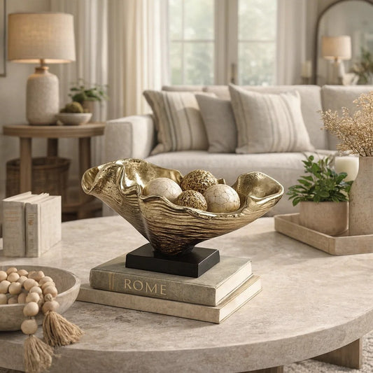 15 Inch Curved Shell Decorative Bowl, Aluminum, Square Base, Gold and Black By Casagear Home