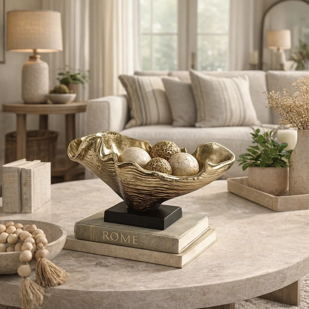 15 Inch Curved Shell Decorative Bowl, Aluminum, Square Base, Gold and Black By Casagear Home