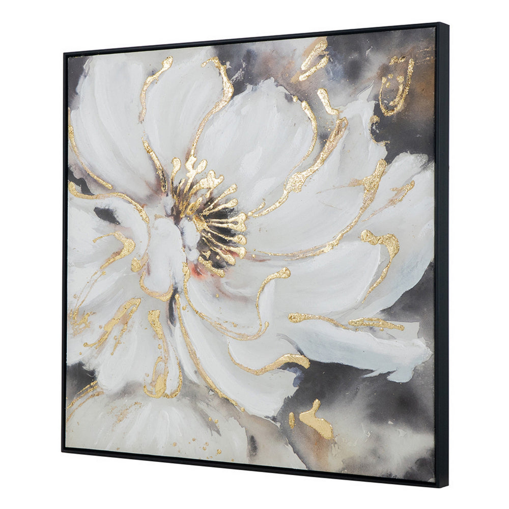 36 x 36 Inch Framed Wall Art, Floral Oil Painting On Canvas, White Gold By Casagear Home