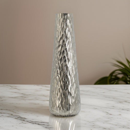 23 Inch Tall Oblong Vase, Diamond Textured, Tapered, Aluminum, Silver By Casagear Home