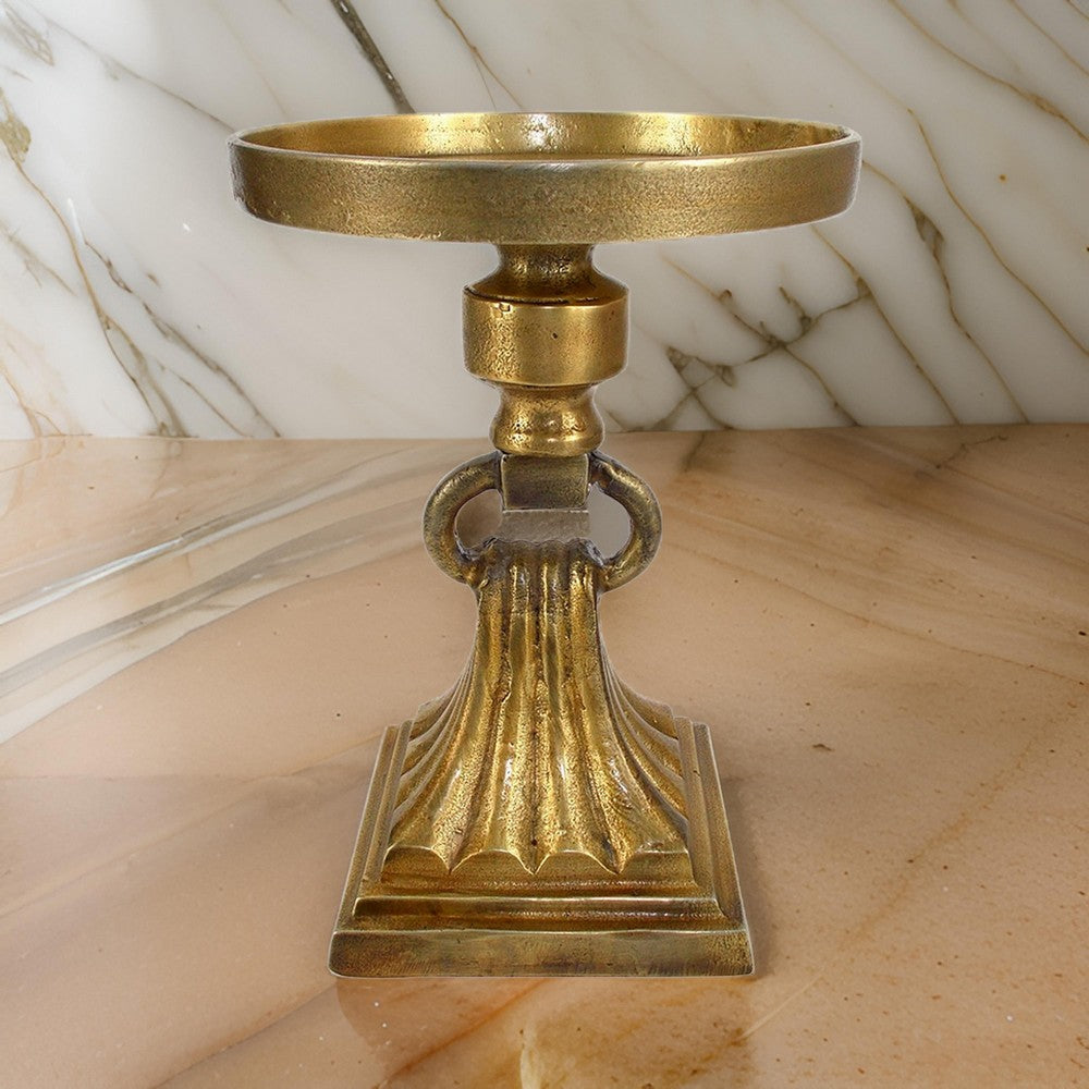 11 Inch Carved Ornate Candle Holder, Block Base, Gold Finished Aluminum By Casagear Home
