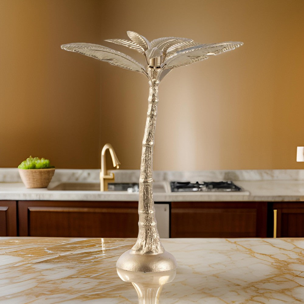 16 Inch Tall Artisan Candle Holder Inspired by A Palm Tree, Iron, Gold By Casagear Home