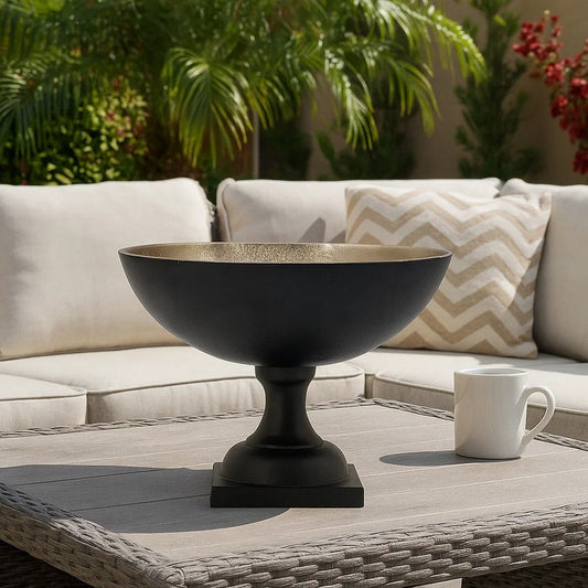 10 Inch Vintage Style Accent Bowl, Gold, Antique Black, Pedestal Stand By Casagear Home