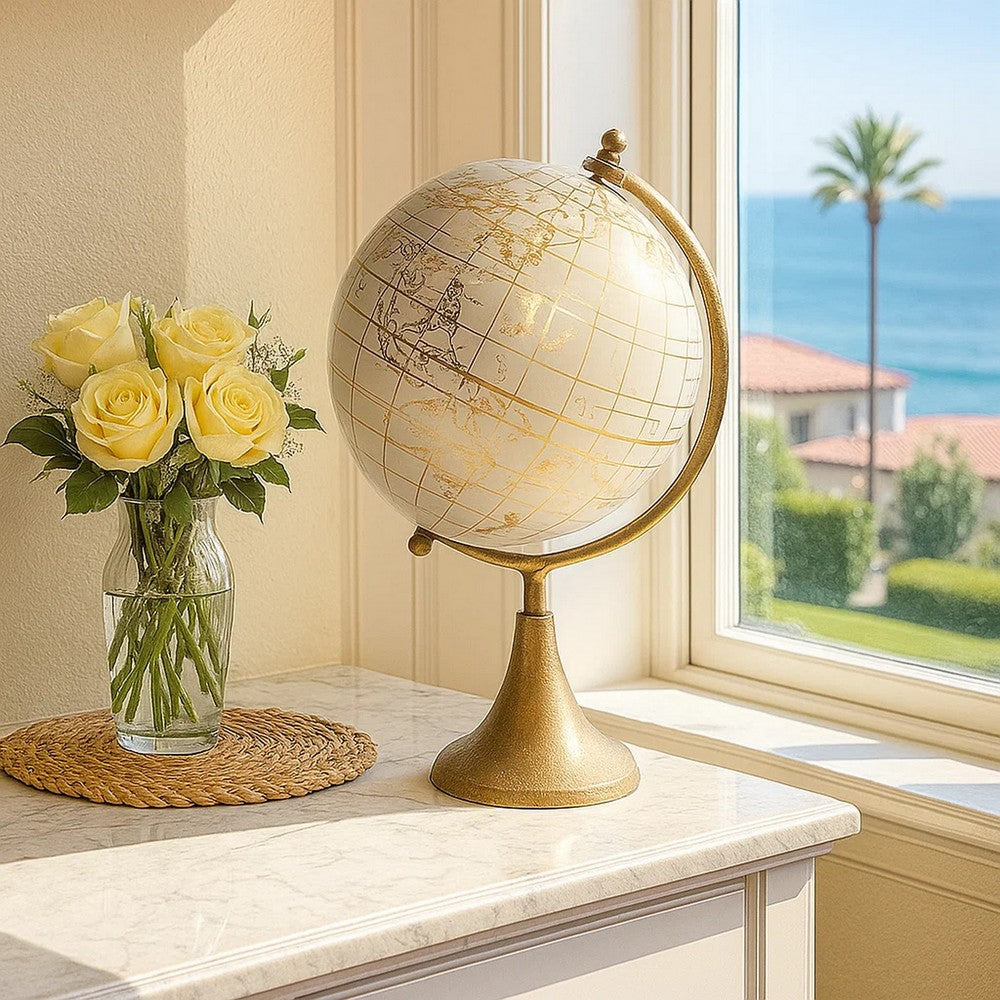 15 Inch Modern Accent Globe, Smooth Turning, White With Gold Aluminum Stand By Casagear Home