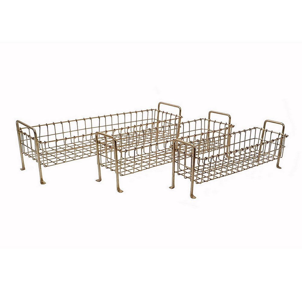19, 22, 25 Inch Rectangular Trays, Set of 3, Wire Mesh Construction, Gold By Casagear Home