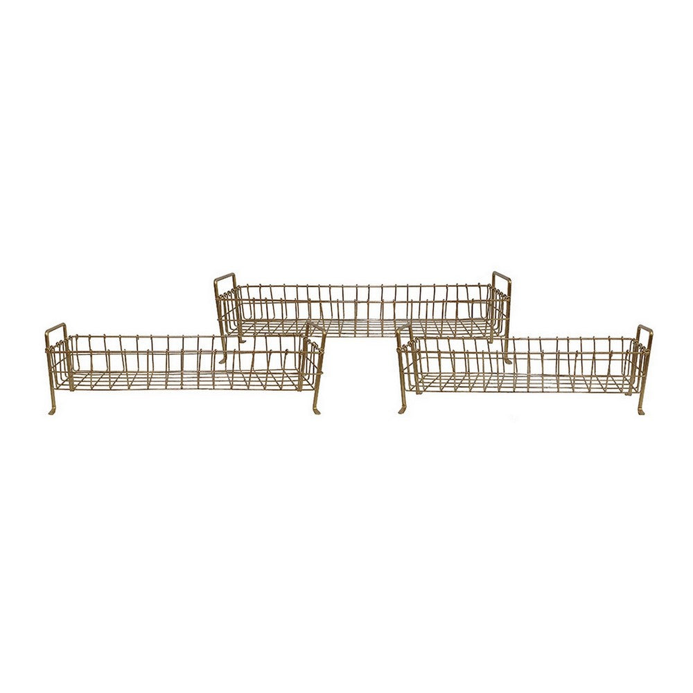 19, 22, 25 Inch Rectangular Trays, Set of 3, Wire Mesh Construction, Gold By Casagear Home