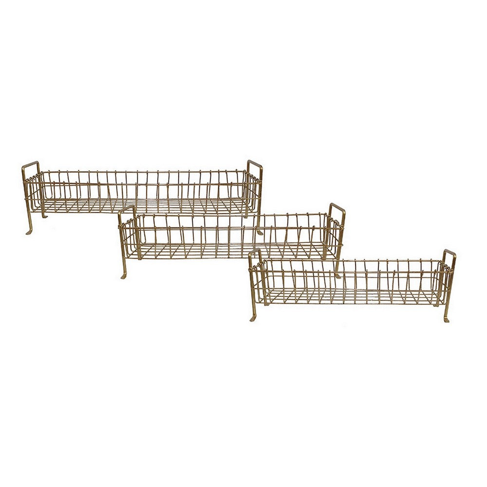 19, 22, 25 Inch Rectangular Trays, Set of 3, Wire Mesh Construction, Gold By Casagear Home