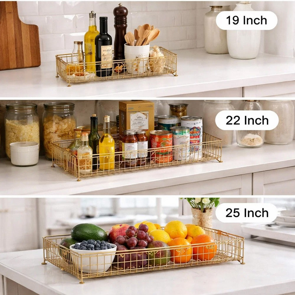 19, 22, 25 Inch Rectangular Trays, Set of 3, Wire Mesh Construction, Gold By Casagear Home