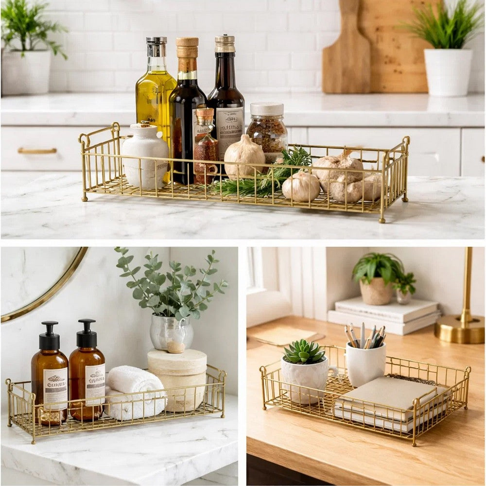 19, 22, 25 Inch Rectangular Trays, Set of 3, Wire Mesh Construction, Gold By Casagear Home
