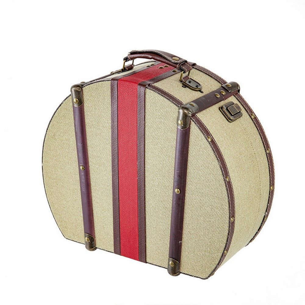 Ika 16 Inch Semi Round Hatbox, Faux Leather Handle, Cream Canvas Upholstery By Casagear Home