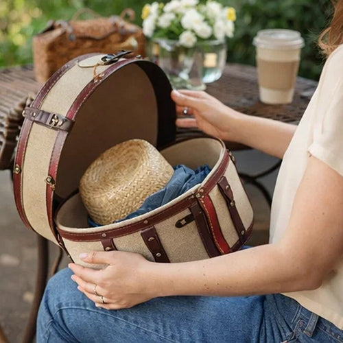 Ika 16 Inch Semi Round Hatbox, Faux Leather Handle, Cream Canvas Upholstery By Casagear Home