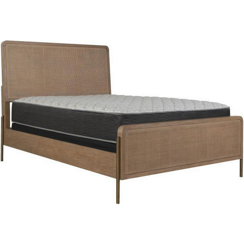 Sea Wood Queen Size Bed with Woven Cane Design Open Panel 4 Slats Brown By Casagear Home BM302724