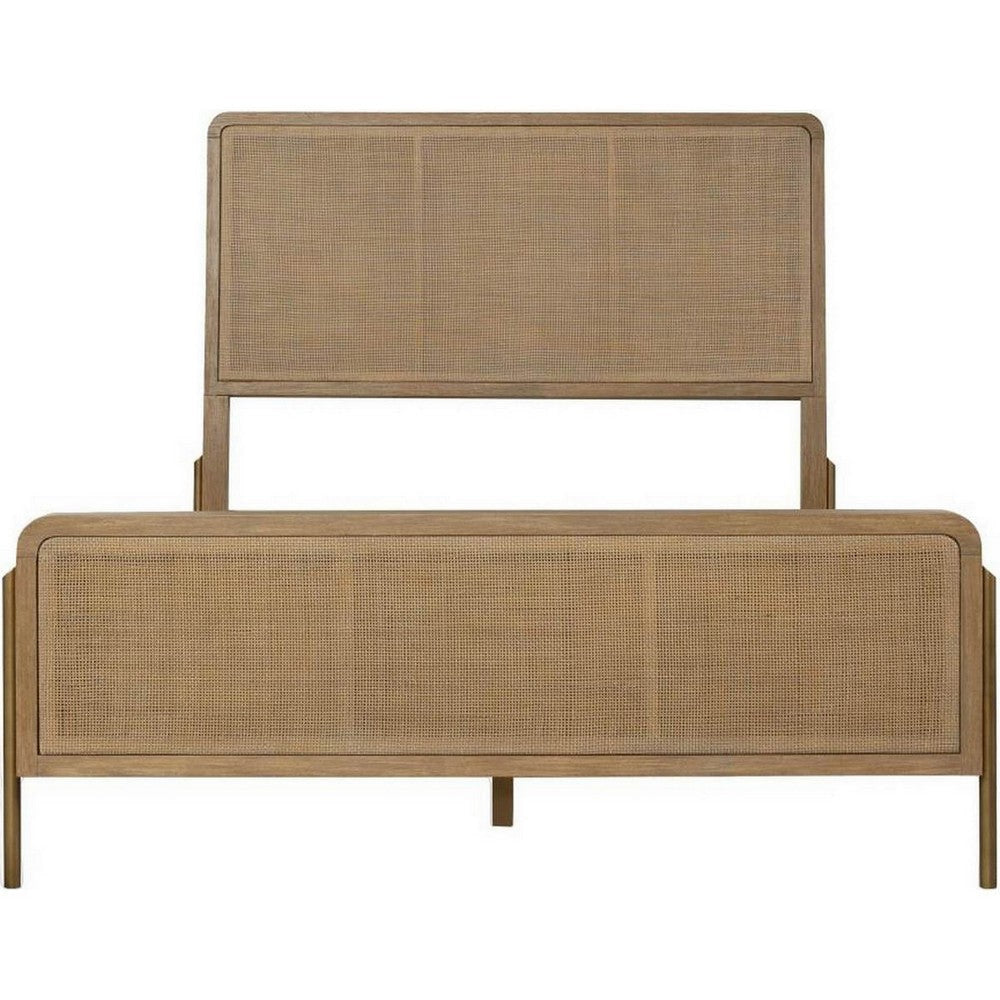 Sea Wood King Size Bed with Woven Cane Design Open Panel 4 Slats Brown BM302725