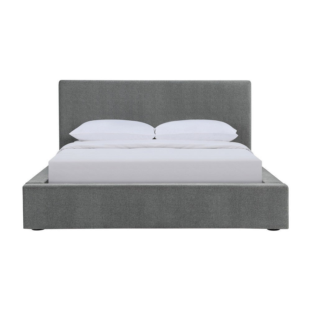 Jivi King Size Platform Bed Low Profile Padded Gray Fabric Upholstered