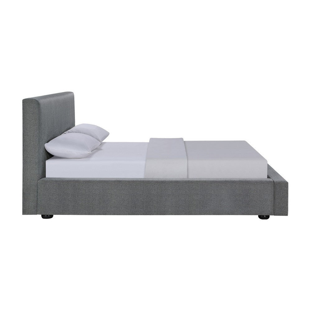 Jivi King Size Platform Bed Low Profile Padded Gray Fabric Upholstered