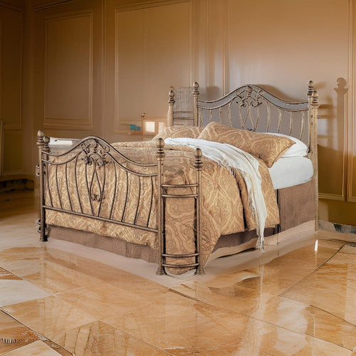 Kish Eastern King Metal Headboard & Footboard, Swirling Floral Motifs, Acorn Finials, Brushed Gold