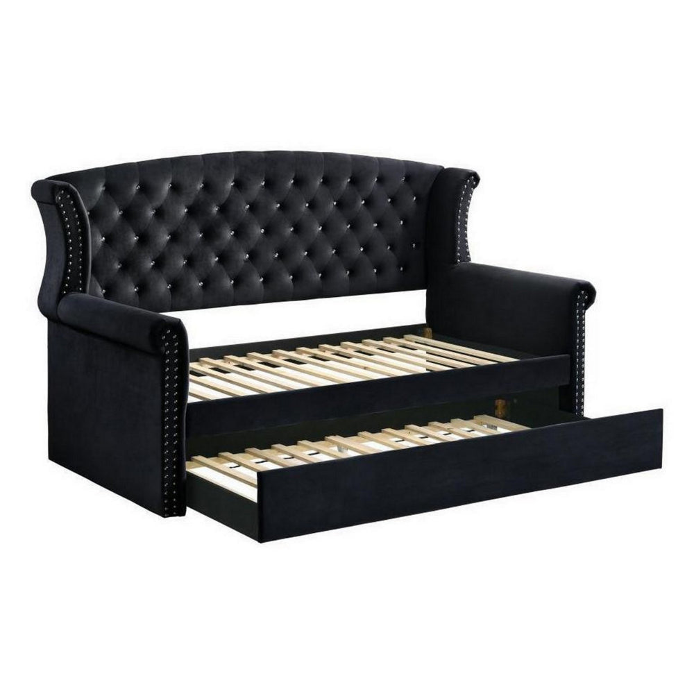 Fila Twin Daybed with Trundle, Tufted, Rolled Arms, Black Velvet Upholstery By Casagear Home