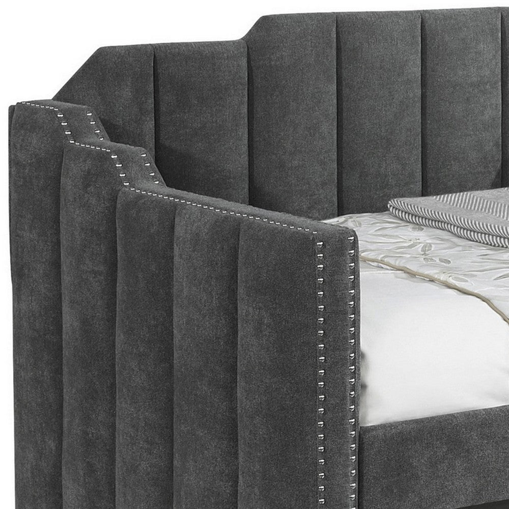 Twin Size Daybed with Trundle Channel Tufted Charcoal Velvet Upholstered BM302753