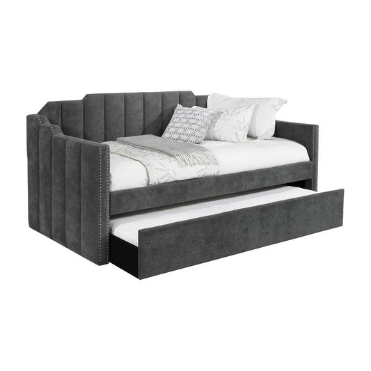 Twin Size Daybed with Trundle, Channel Tufted, Charcoal Velvet Upholstered