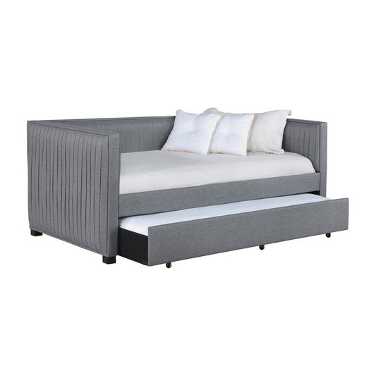 Twin Size Daybed with Trundle, Modern Pleated Soft Gray Fabric Upholstered