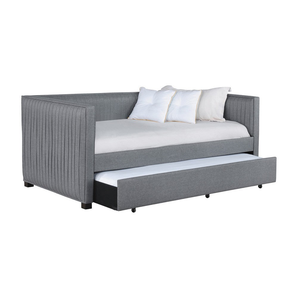 Twin Size Daybed with Trundle, Modern Pleated Soft Gray Fabric Upholstered