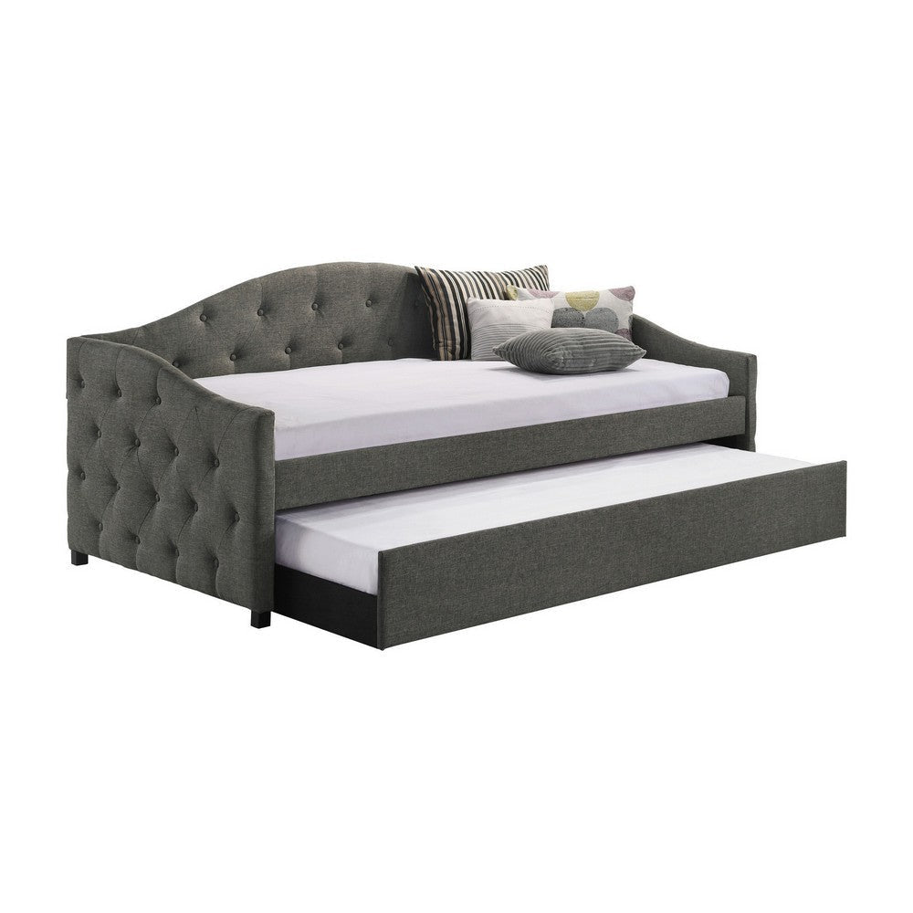 Mosh Twin Size Daybed with Trundle, Camelback, Gray Fabric Upholstered By Casagear Home