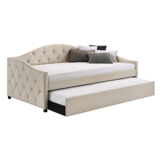 Mosh Twin Size Daybed with Trundle, Camelback, Taupe Fabric Upholstered By Casagear Home