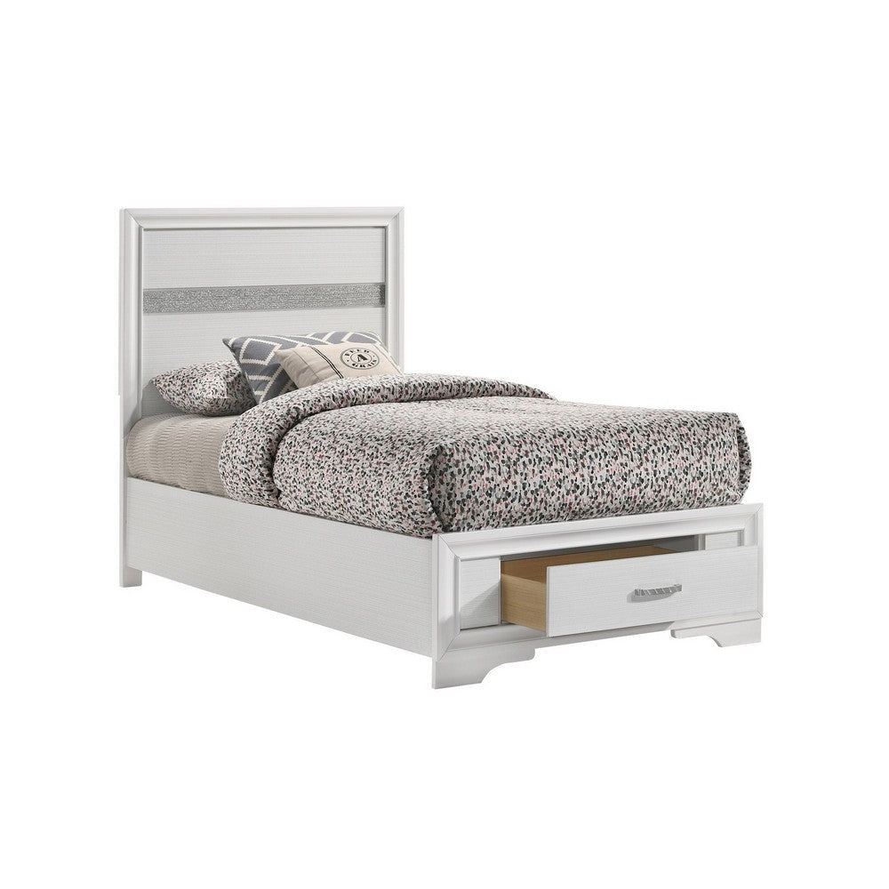 Vino Twin Size Panel Bed with 2 Storage Drawers, Acrylic Glitter, White By Casagear Home