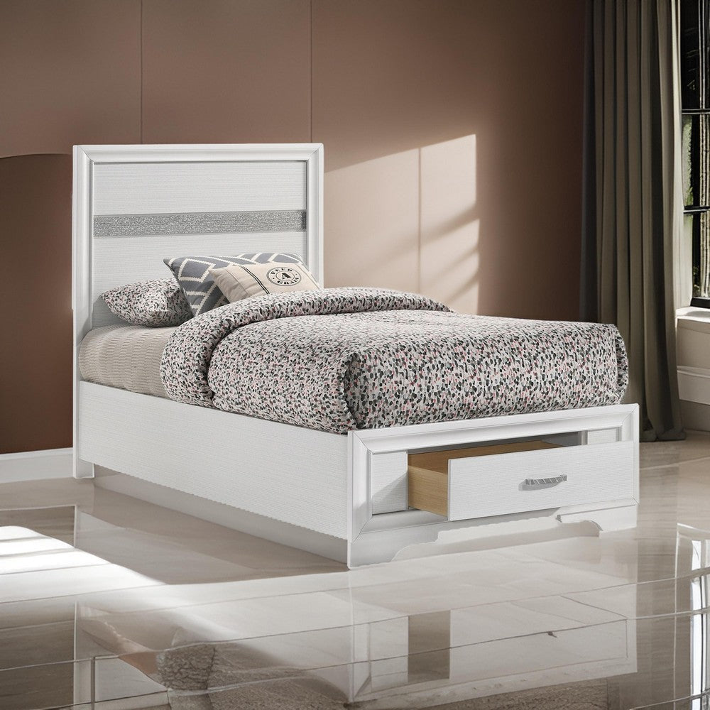 Vino Twin Size Panel Bed with 2 Storage Drawers Acrylic Glitter White By Casagear Home