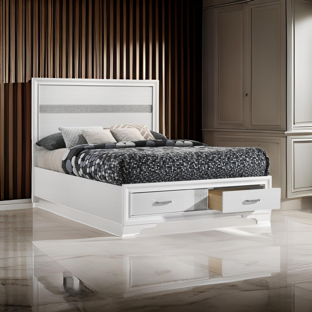 Vino Full Size Panel Bed with 2 Storage Drawers Acrylic Glitter White By Casagear Home BM302769