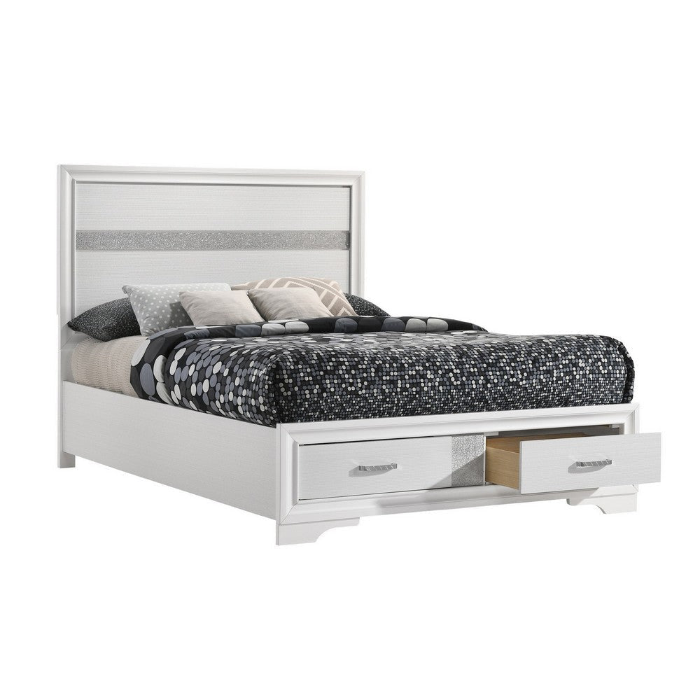 Vino Full Size Panel Bed with 2 Storage Drawers, Acrylic Glitter, White By Casagear Home