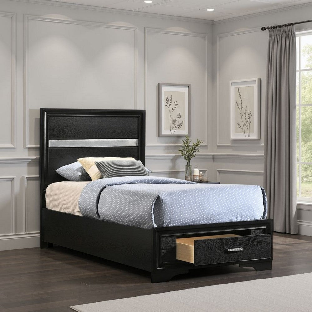 Vino Twin Size Panel Bed with 2 Storage Drawers, Acrylic Glitter, Black