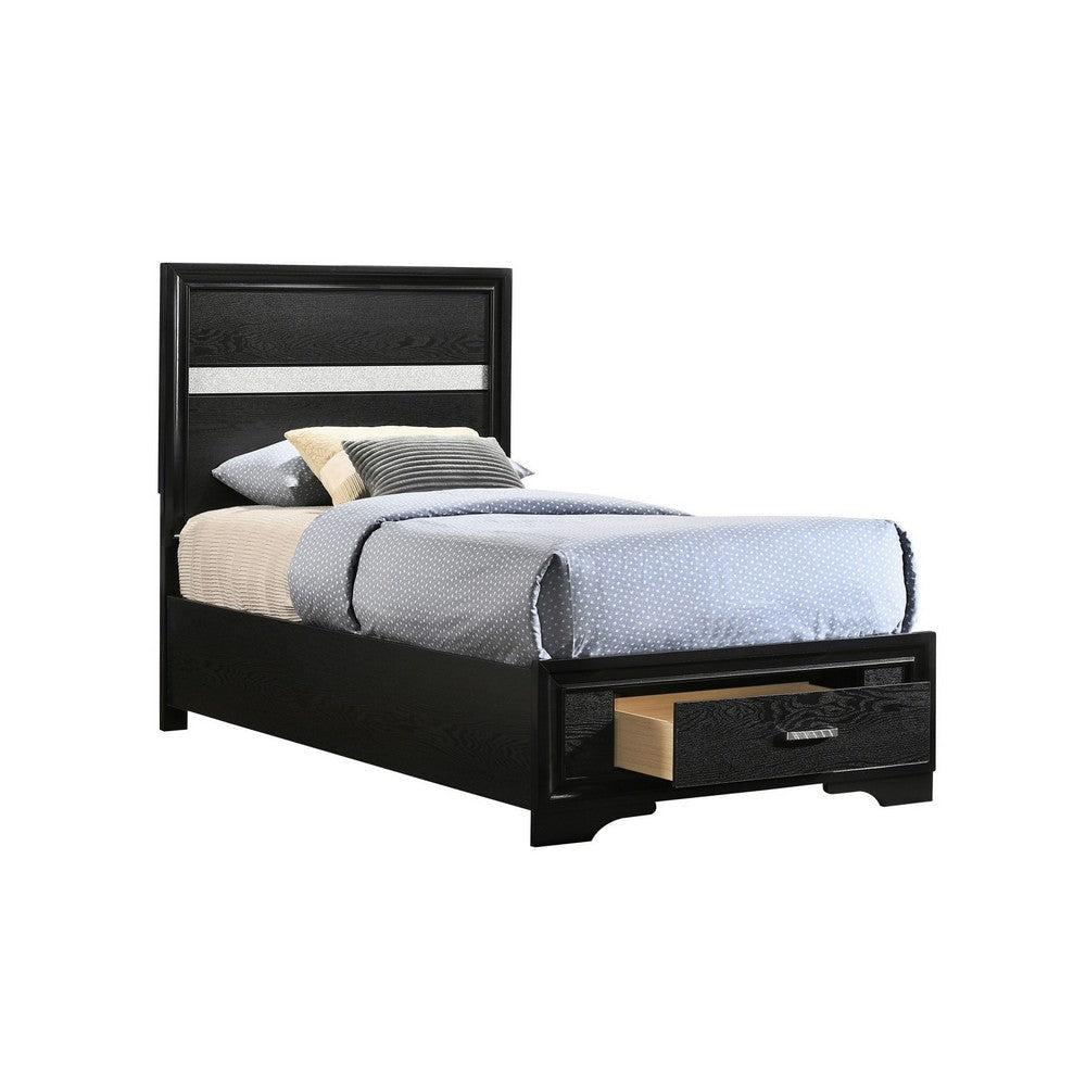 Vino Twin Size Panel Bed with 2 Storage Drawers, Acrylic Glitter, Black