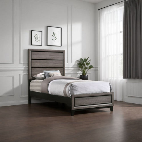 Mela Twin Size Panel Bed, Groove Design, Tapered Legs, Gray and Black