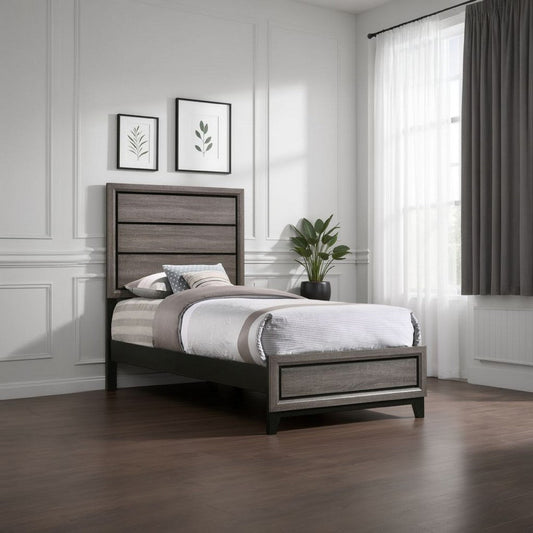 Mela Twin Size Panel Bed, Groove Design, Tapered Legs, Gray and Black