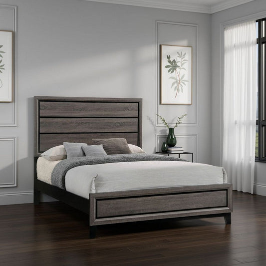 Mela California King Size Panel Bed, Grooved Design, Gray and Black