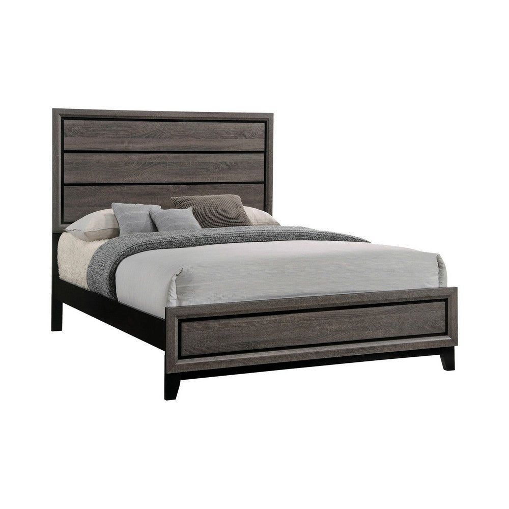 Mela California King Size Panel Bed, Grooved Design, Gray and Black