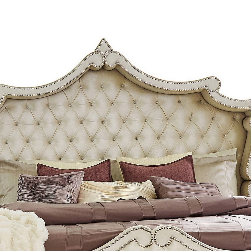 Lino Wood King Bed, Opulent Tufted Velvet Upholstery, French Carved, Ivory